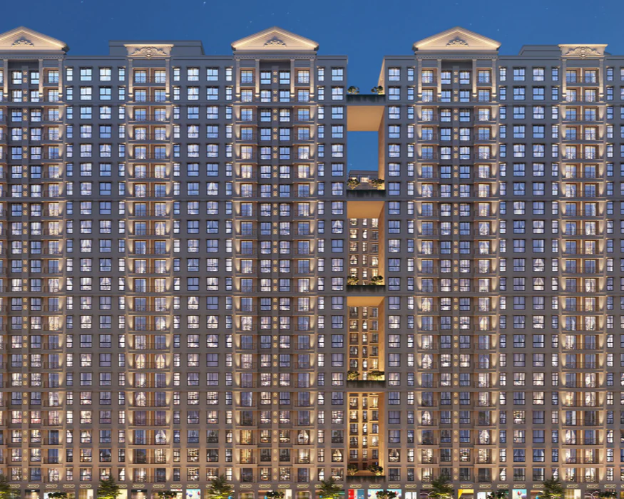 Balaji Classica illuminated classical-crown twin towers at dusk in Dombivli East